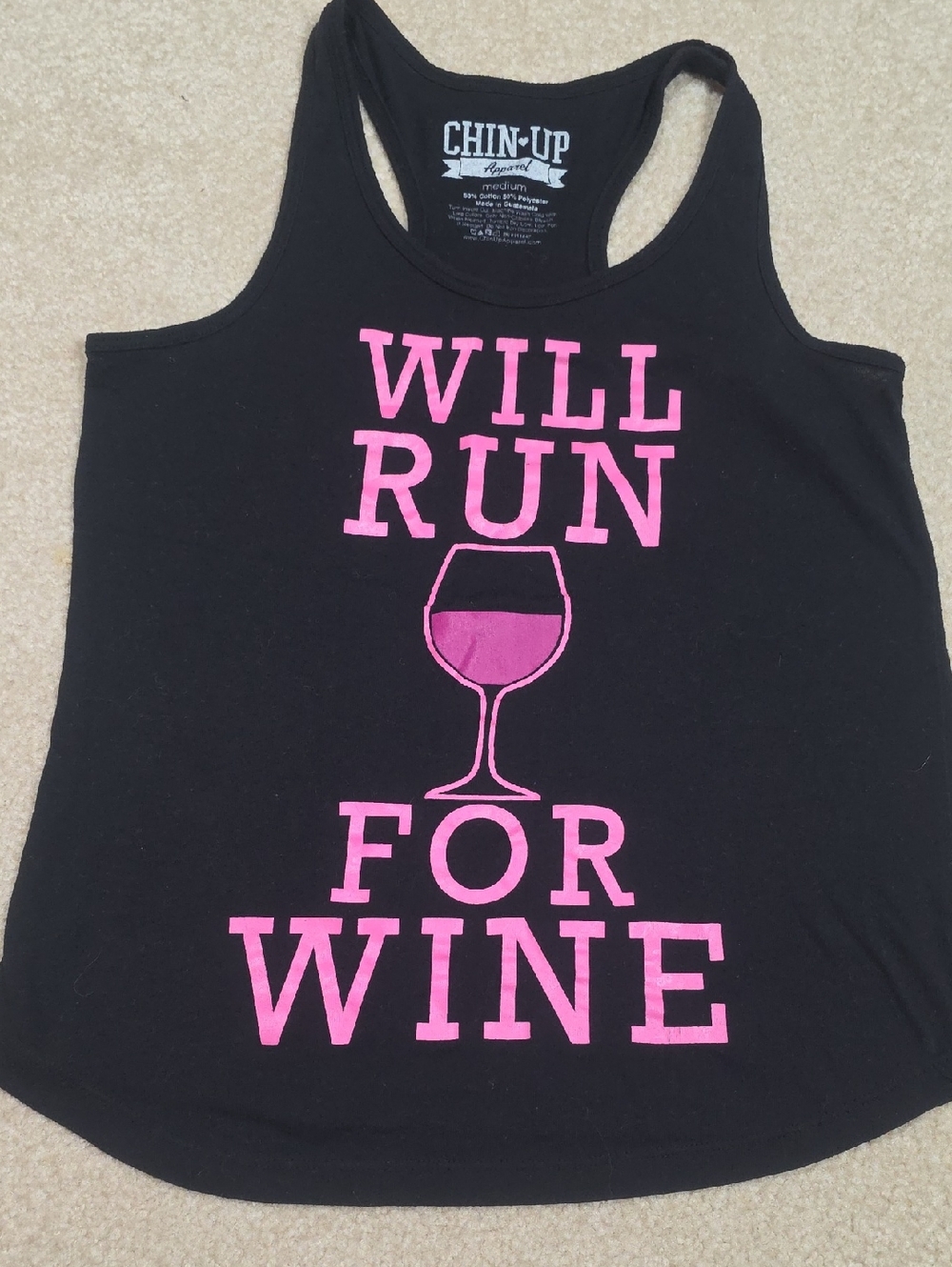 Chin Up Apparel Black Racerback Tank with Pink "Will Run For Wine" Graphic